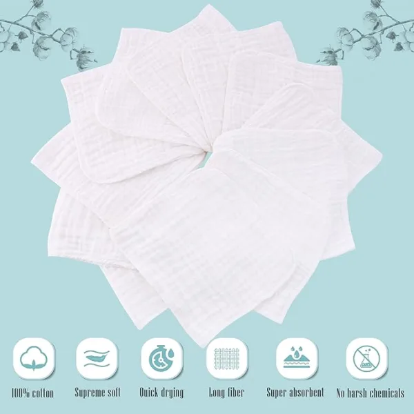 12 Pack Muslin Burp Cloths for Baby - Ultra-Soft 100% Cotton Baby Washcloths - Large 20'' by 10'' Super Absorbent Milk Spit Up Rags - Burpy Cloths for Unisex, Boy, Girl - White