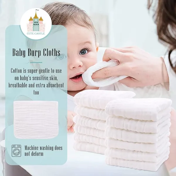 12 Pack Muslin Burp Cloths for Baby - Ultra-Soft 100% Cotton Baby Washcloths - Large 20'' by 10'' Super Absorbent Milk Spit Up Rags - Burpy Cloths for Unisex, Boy, Girl - White